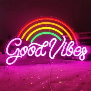 Good Vibesネオンサイン 調光可能な虹LEDネオンサインライト アクリルネオンナイトライト ベッドルーム 子供ギフト バー ゲームゾーン誕生日クリスマスパーティーの装飾 (1)